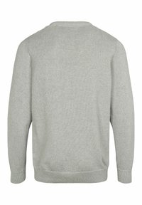 Šviesiai pilkas megztinis su apvalia iškirpte, raukšlėtais rankogaliais ir apačia. Pagamintas iš minkštos, tekstūruotos medžiagos su paprastu, klasikiniu dizainu.