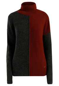 Der gestrickte Rollkragenpullover verfügt über ein Farbblockdesign mit dunkelgrauen, roten und mittelgrauen Abschnitten. Weicher Stoff mit Rippendetails.