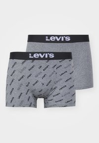 Graue Boxershorts mit einem schwarzen Levi's-Logo-Bund und einem verstreuten schwarzen Textmuster auf dem Stoff. Weiches, elastisches Baumwollmaterial.
