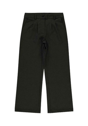 Wijde broekspijpen in donkergroene katoenstof, met voorplooien, een knoopsluiting en een gladde textuur.