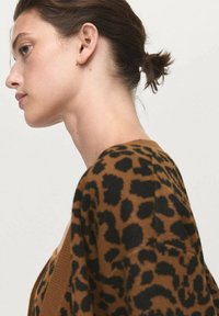 Leopard print sweater in brown and black, featuring a soft texture, relaxed fit, and a round neckline, draping over the shoulder.