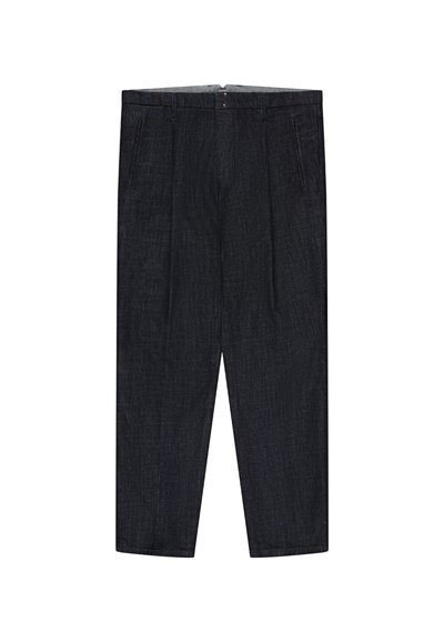 Dark gray tailored trousers with side pockets, belt loops, and front button closure, made from textured fabric.