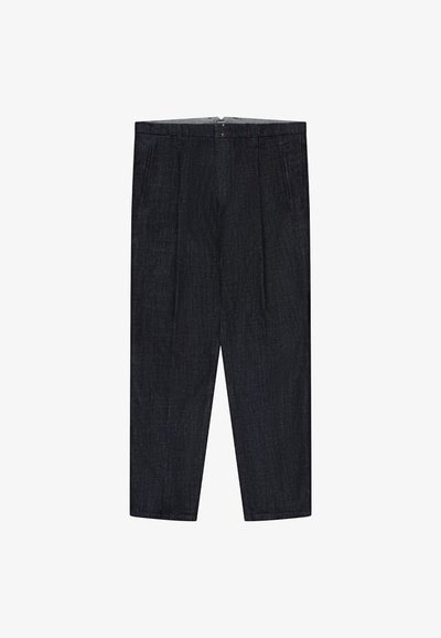 Dark gray tailored trousers with side pockets, belt loops, and front button closure, made from textured fabric.