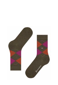 Brązowe skarpetki w romby z różowymi i pomarańczowymi wzorami w diamenty, z logo z jednej strony. Dwie skarpetki wyeksponowane osobno.