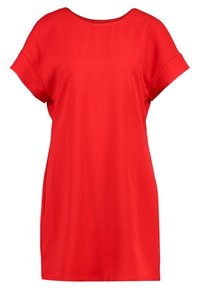 Červené šaty s krátkým rukávem vyrobené z hladké látky. Mají kulatý výstřih a volný střih. Jednoduchý design bez dalších vzorů nebo akcentů.