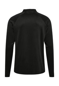 Zwarte longsleeve shirt met een textuurafwerking, met een hoge hals en raglanmouwen. Het ontwerp is eenvoudig en bevat geen zichtbare logo's.