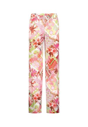 Hosen mit geradem Bein und bunten Blumen- und tropischen Patchworkmustern in Pink-, Grün- und Rottönen auf weißem Hintergrund.