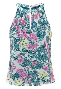 Top sans manches floral présentant un motif turquoise, rose et jaune, avec un décolleté en keyhole et un bord festonné. Tissu léger.