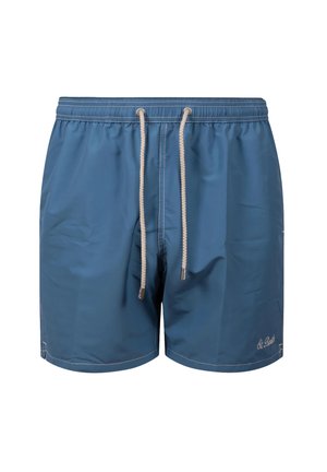 Costume da bagno da uomo blu con girovita elastico, coulisse bianche e piccolo logo ricamato sulla parte inferiore della gamba destra.