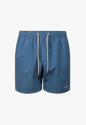 Costume da bagno da uomo blu con girovita elastico, coulisse bianche e piccolo logo ricamato sulla parte inferiore della gamba destra.
