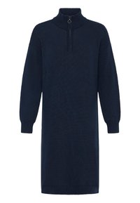 Námořnická modrá pletená šaty s dlouhými rukávy, vysokým límcem a krátkým předním zipem. Obsahuje žebrované manžety a lem. Hladká textura po celém povrchu.