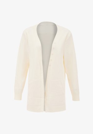 Kreemivärvi kardigan pikade varrukatega, avatud esiosa ja kuue nupuga. Omab kahte esitaskut ning ribitud varruka- ja allääri. Pehme tekstuur.