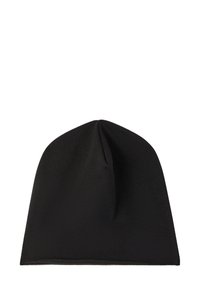 Berretto nero realizzato in tessuto morbido, con una parte superiore senza cuciture, forma leggermente allungata e una texture liscia. Senza decorazioni.