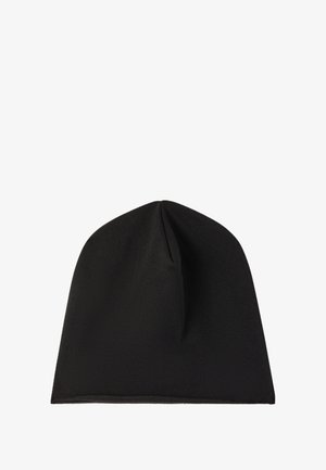 Berretto nero realizzato in tessuto morbido, con una parte superiore senza cuciture, forma leggermente allungata e una texture liscia. Senza decorazioni.