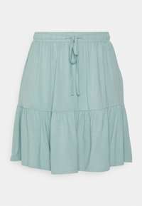 Vaaleansininen, polveen ulottuva hame, jossa on joustava vyötärö ja naru. Siinä on röyhelöitä, kerroksellinen muotoilu pehmeästä, teksturoidusta kankaasta.