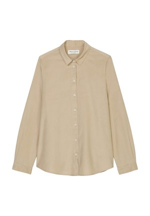 Beige langærmet skjorte med knapper, krave, manchetter og synligt Marc O’Polo mærke inde i kraven.