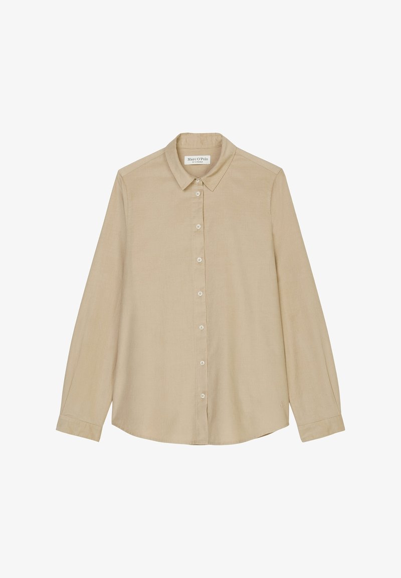 Chemise beige à manches longues avec boutons, col, manches retroussées et étiquette de marque Marc O’Polo visible à l’intérieur du col.