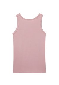 Różowy bawełniany top na ramiączkach z okrągłym dekoltem i bezrękawowym krojem. Tkanina wydaje się miękka, o gładkiej fakturze i prostym dole.