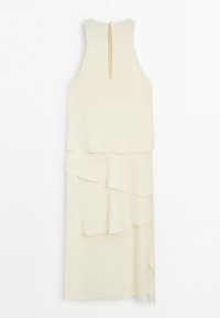 Robe midi crème sans manches avec jupe à volants superposés et petite ouverture en trou de serrure dans le dos au niveau de l'encolure.