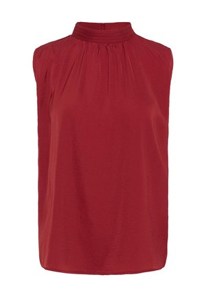 Rotes ärmelloses Oberteil mit hohem Kragen und gefältelten Details. Hergestellt aus leichtem Stoff mit einer weichen, glatten Textur und einer lockeren Passform.