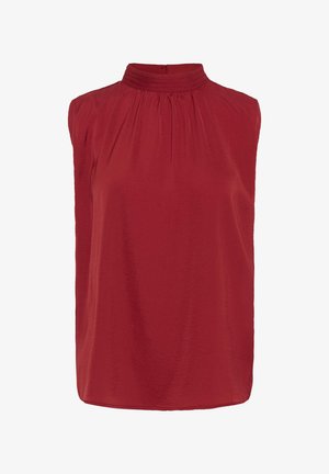 Červená bezramenní blůza s vysokým límcem a sklady. Vyrobena z lehkého materiálu s jemnou, hladkou strukturou a volným střihem.
