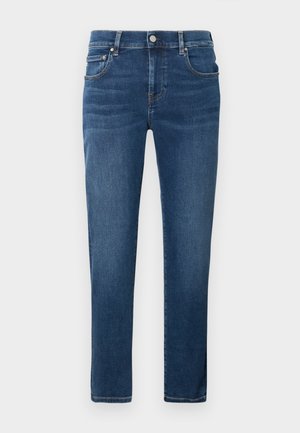 Mörkblå denimjeans med rak benstil, femficksdesign, metallknappstängning och subtila blekningsdetaljer på tyget.