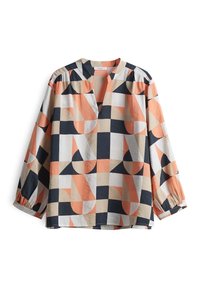 Blusa a maniche lunghe, con blocchi di colore e motivi geometrici in corallo, blu navy, crema e beige. Realizzata in tessuto leggero con scollatura a V.