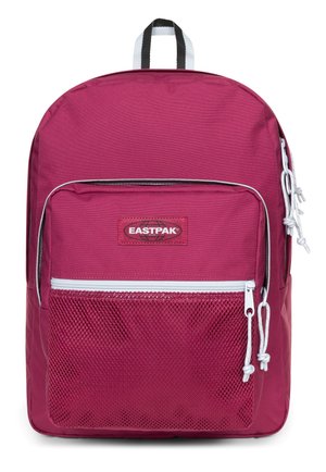 Maroon Eastpak backpack with a main compartment, front mesh pocket, white zippers, and gray drawstrings. Includes a top handle.