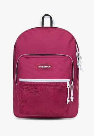 Maroon Eastpak backpack with a main compartment, front mesh pocket, white zippers, and gray drawstrings. Includes a top handle.