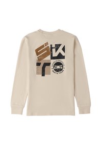 Camicia beige a maniche lunghe con design geometrico astratto in nero e marrone e logo circolare "World Famous Skate Tour" sul retro.