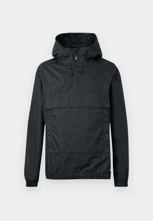 Must musta kapuutsiga, elastsete mansetide, esiseguga ja poolketsiga. Valmistatud kergest, veekindlast materjalist.