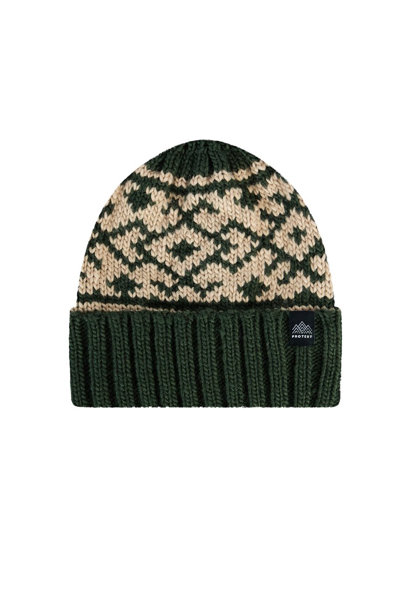 Berretto in maglia verde scuro con motivo geometrico beige e verde e bordo a costine ripiegato, caratterizzato da un piccolo etichetta nera del marchio.