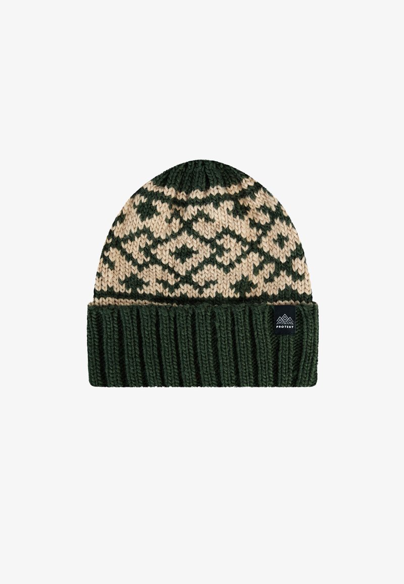 Berretto in maglia verde scuro con motivo geometrico beige e verde e bordo a costine ripiegato, caratterizzato da un piccolo etichetta nera del marchio.