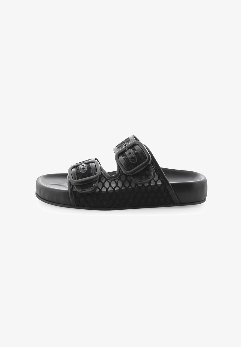 Black slide sandal with mesh design, dual adjustable buckles, flat foam sole, and a wide footbed for comfort. Textured details on straps.