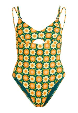 Eendelig badpak met groene achtergrond en oranje, crèmekleurig bloemenpatroon, voorzien van dunne verstelbare schouderbandjes en een uitsparing aan de voorkant onder de buste.