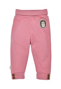 Rosa Baumwollhose für Kinder mit einem breiten elastischen Bund, seitlichem Igel-Patch und braunen Knopf-Accessoires an den Bündchen.