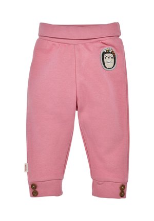 Rosa Baumwollhose für Kinder mit einem breiten elastischen Bund, seitlichem Igel-Patch und braunen Knopf-Accessoires an den Bündchen.