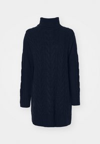 Πλεκτό πουλόβερ με τσιγκελωτό λαιμό σε σκούρο ναυτικό μπλε, με σχέδιο κοτ�σίδας, διαθέτει ριμπ μανσέτες και στρίφωμα, σχεδιασμένο για χαλαρή εφαρμογή.