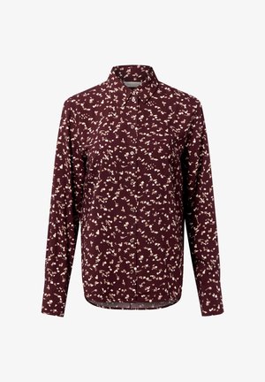 Bordeaux knopenhemd met bloemenprint in crème en lichtroze. Heeft een klassieke kraag en lange mouwen. Glad textuur van de stof.