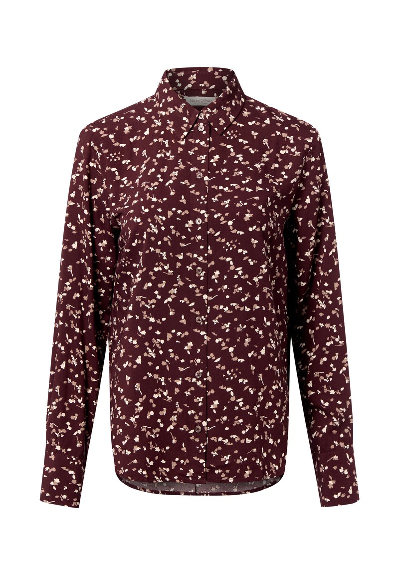 Bordeaux knopenhemd met bloemenprint in crème en lichtroze. Heeft een klassieke kraag en lange mouwen. Glad textuur van de stof.