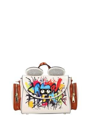 Weiße Handtasche mit buntem Graffiti, braunen Seitentaschen mit Reißverschlüssen und zwei glitzernden silbernen ovalen Formen oben, die Ohren ähneln.