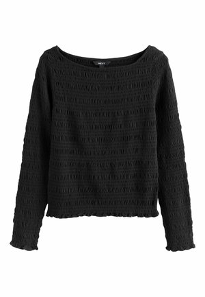 Black long-sleeve top with a textured pattern, square neckline, and ruffled hem. Made of a lightweight fabric, offering a relaxed fit.