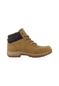 Bottine en cuir marron avec des accents marron foncé contrastants, lacets orange, semelle en caoutchouc et design texturé au niveau du talon.