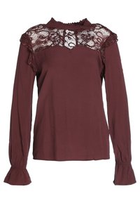 Blusa bordeaux con maniche lunghe, caratterizzata da un corpetto in pizzo e dettagli a volant sul collo e sui polsini. Tessuto morbido, accenti delicati.