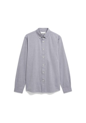 Langärmliges Hemd mit Knopfleiste aus hellgrauem Stoff. Verfügt über einen klassischen Kragen und einen kleinen, gestickten Akzent auf der Brust.