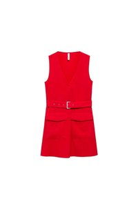 Robe sans manches rouge avec un décolleté en V, taille ceinturée, deux poches avant et une silhouette droite. Fabriquée à partir d'un tissu texturé.