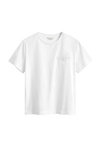 T-shirt blanc à manches courtes et col rond avec un logo discret en relief sur la poitrine gauche et un ourlet droit.