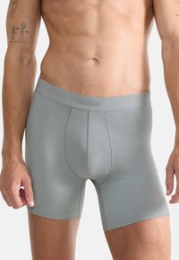 Šedé boxerky z elastické bavlny s těsným střihem a hladkým povrchem. Mají logem zdobený pás a prošívanou přední kapsu.