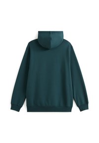 Dark teal hoodie with a kangaroo pocket, ribbed cuffs, and hem. Features a relaxed fit and a soft, smooth texture.