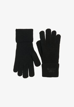 Guantes de punto acanalado negros con puño. Presentan un sutil logotipo en la zona del puño. Textura suave, diseñados para ofrecer calidez y comodidad.